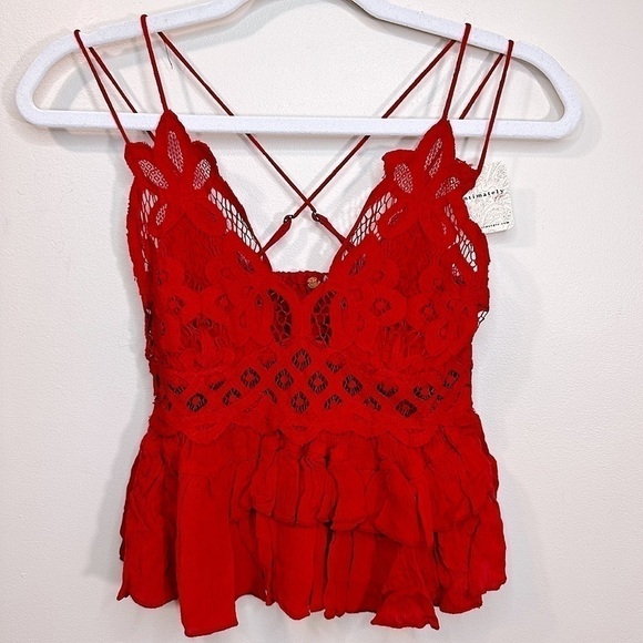 NWT Free People Women’s Adella Lace Ruffled Cami Top Cherry Red Size XSmall - Picture 2 of 15